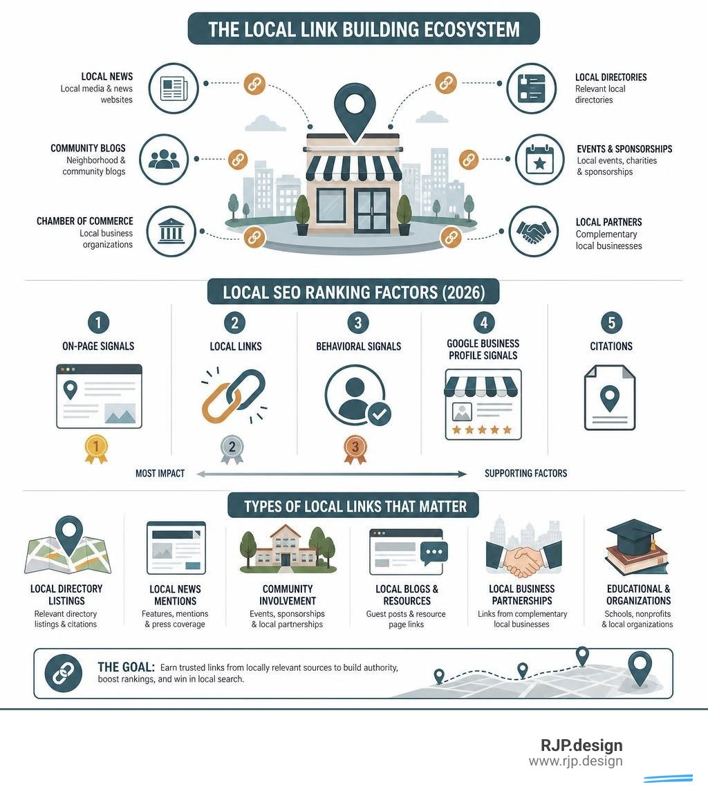 Infographic explaining local link building ecosystem, ranking factors, and link types for 2026 infographic