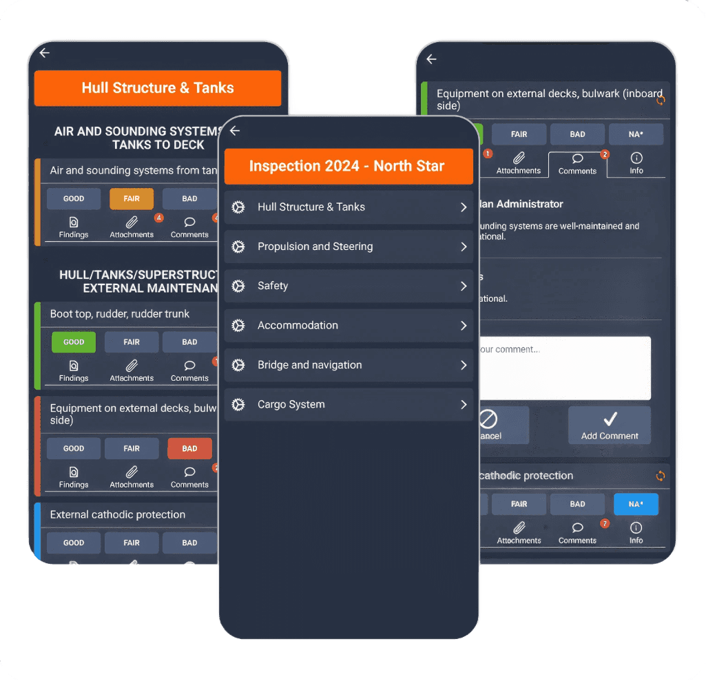 User interface showing various app features, including menus, charts, and input fields, in a dark theme design.