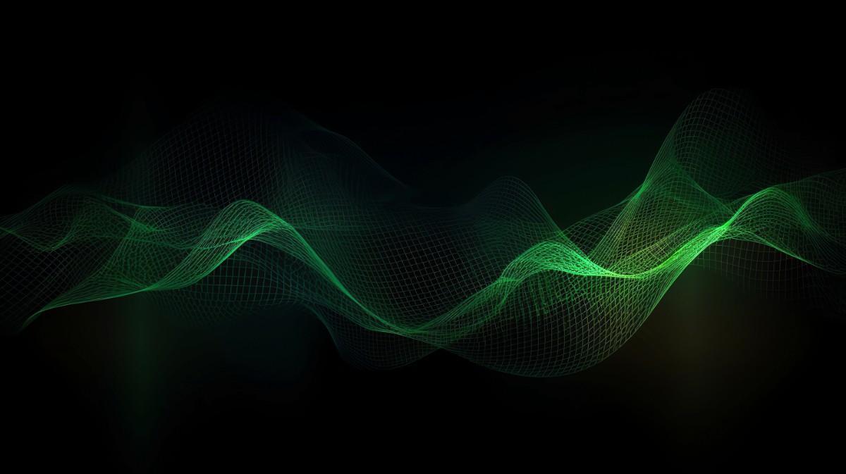 Green wireframe wave mesh on dark background