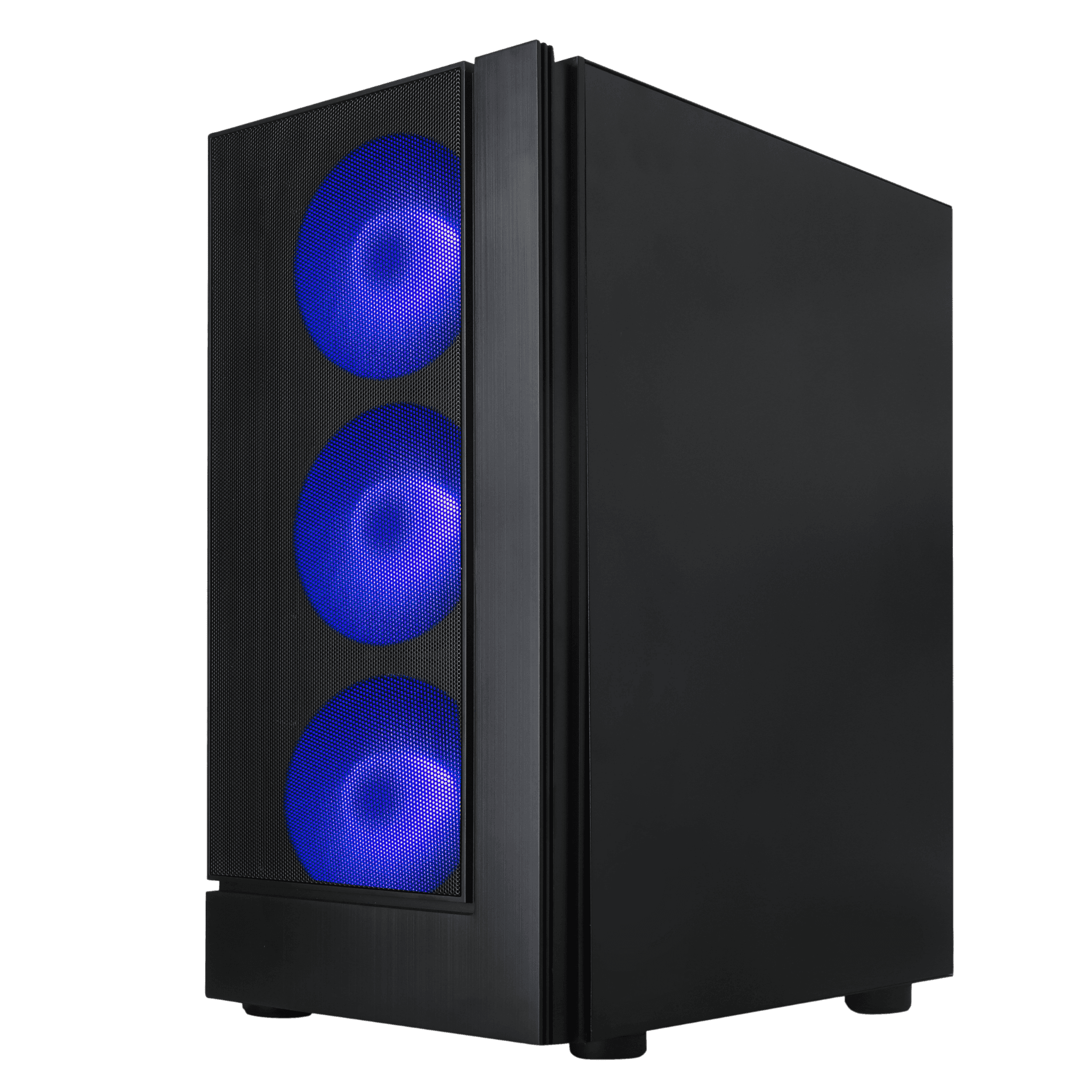 Front view of a sleek black gaming PC case with three glowing RGB fans emitting blue light, showcasing its stylish design and excellent airflow for high-performance gaming builds. This is an ideal option for those looking to build a top gaming configuration in 2023, offering optimal cooling for intensive gaming sessions.