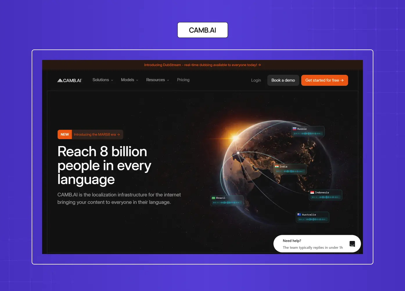 Camb.ai landing page showcasing AI localization and multilingual communication technology with a globe visualization.