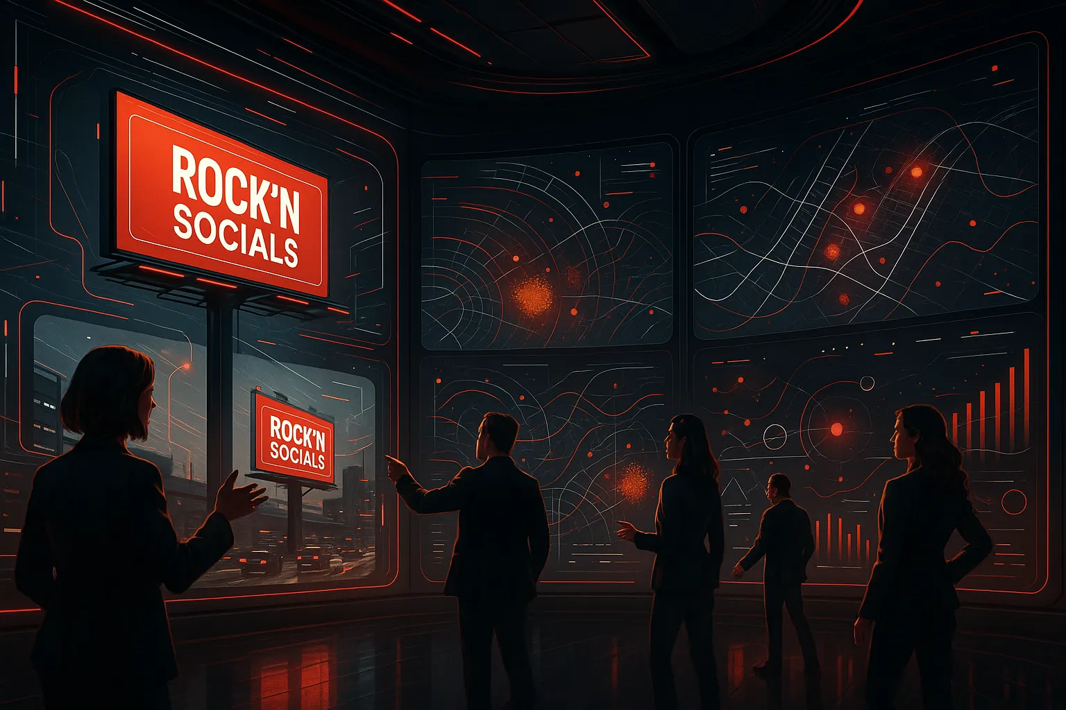 "RockN' Socials team in a digital marketing agency control room."