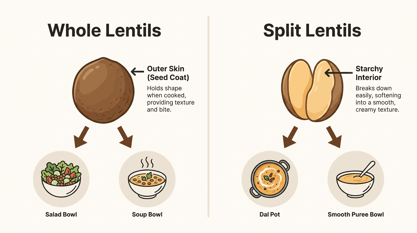 Infographic comparing whole lentils versus split lentils and their best cooking uses