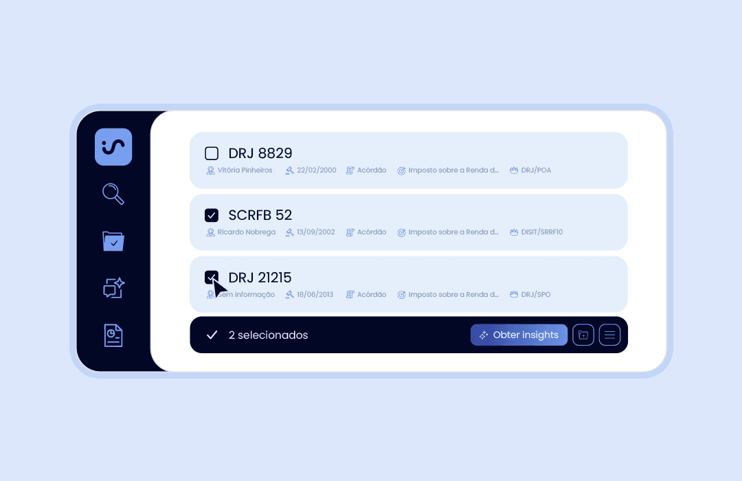 Interface de gerenciamento de documentos jurídicos, mostrando a seleção de múltiplos acórdãos para análise. Dois itens estão marcados, e o usuário está pronto para gerar insights a partir desses documentos usando o botão Obter Insights.