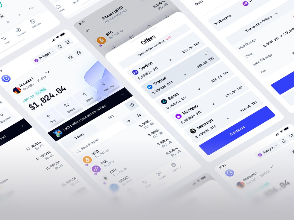 Mobile UI of Guard Wallet featuring swap, buy, and send functions with a responsive crypto asset list and transaction details