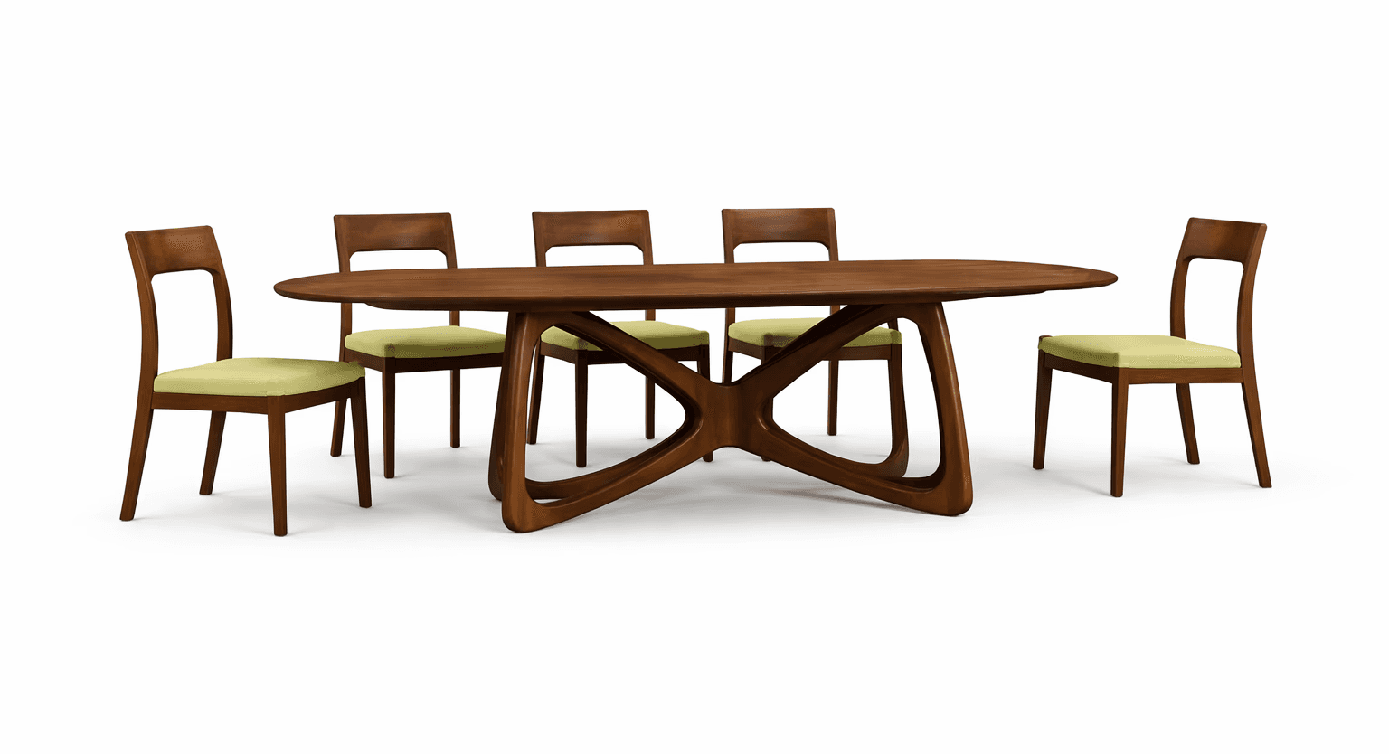 Sculptural wooden dining table with curved base, paired with mixed upholstered chairs
