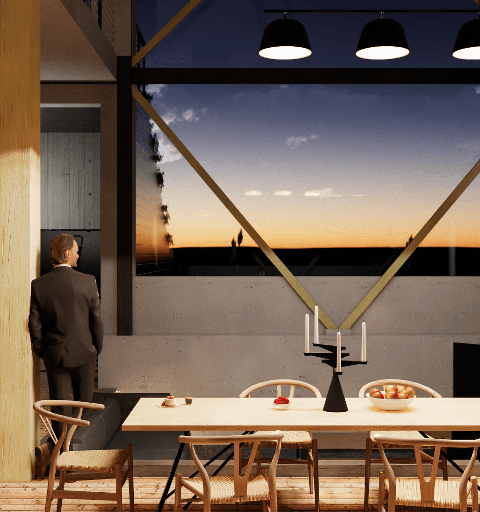 Interior visual of a modern cabin as seen from the ground floor dining space.