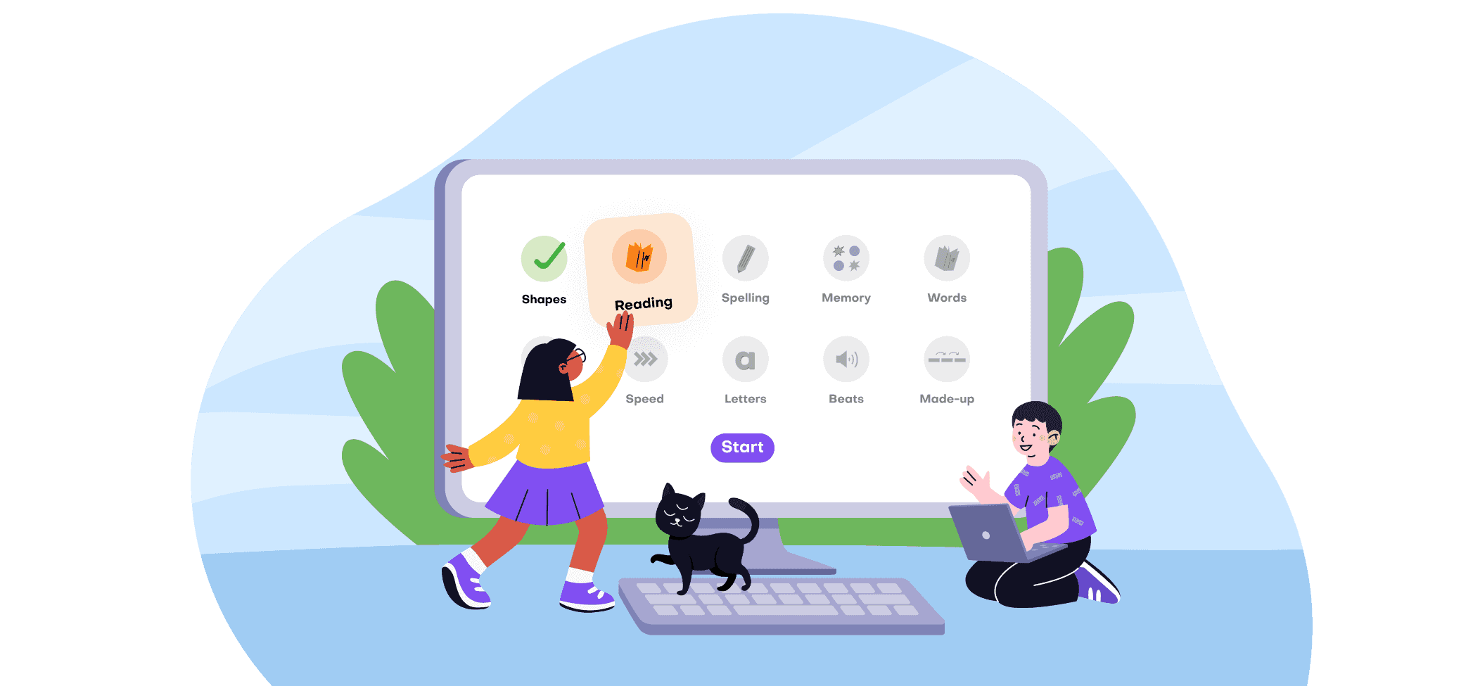 Illustration: a pupil chooses a task on a big screen showing the Talamo task menu, while another works on a laptop and the Talamo cat looks on