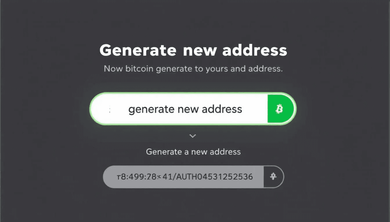 The image shows a screenshot of a bitcoin wallet app displaying the steps to generate a new bitcoin address, highlighting the unique alphanumeric string required for secure transactions on the bitcoin network. It emphasizes the importance of address accuracy to ensure successful bitcoin transactions and receiving funds.