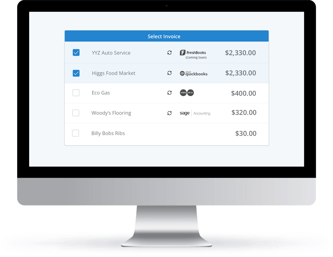 PayEvo invoice selection screen displaying vendor payments with accounting system integrations including FreshBooks, QuickBooks, and Sage for seamless business transaction processing