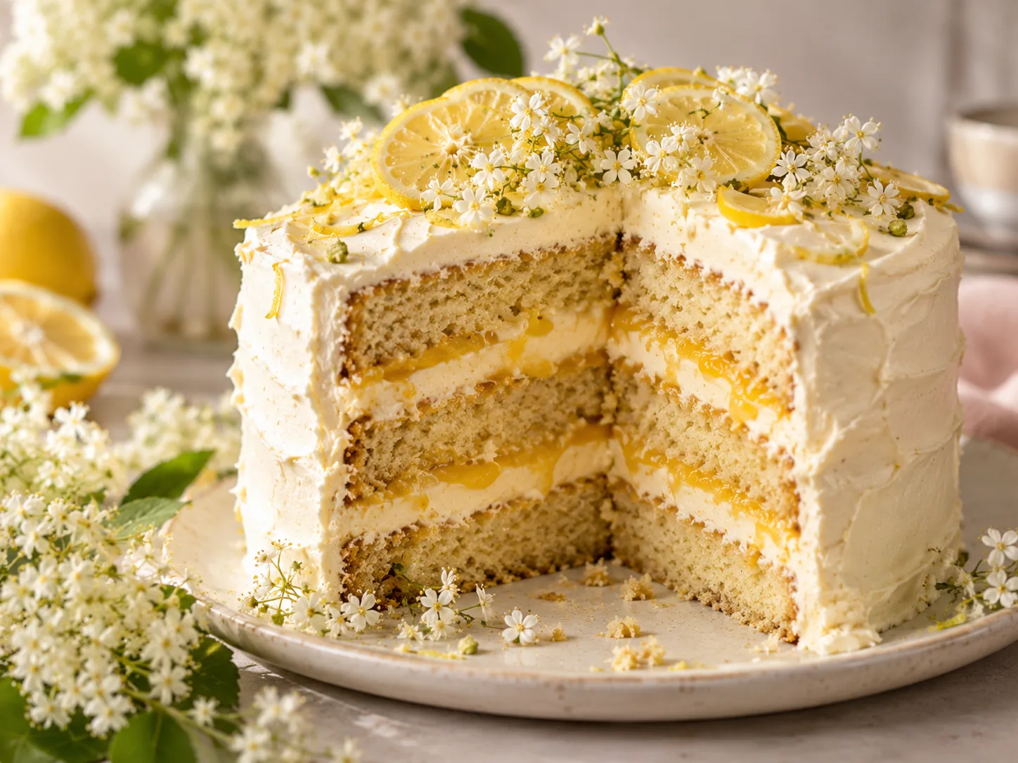 Cut Lemon & Elderflower cake showing curd layers