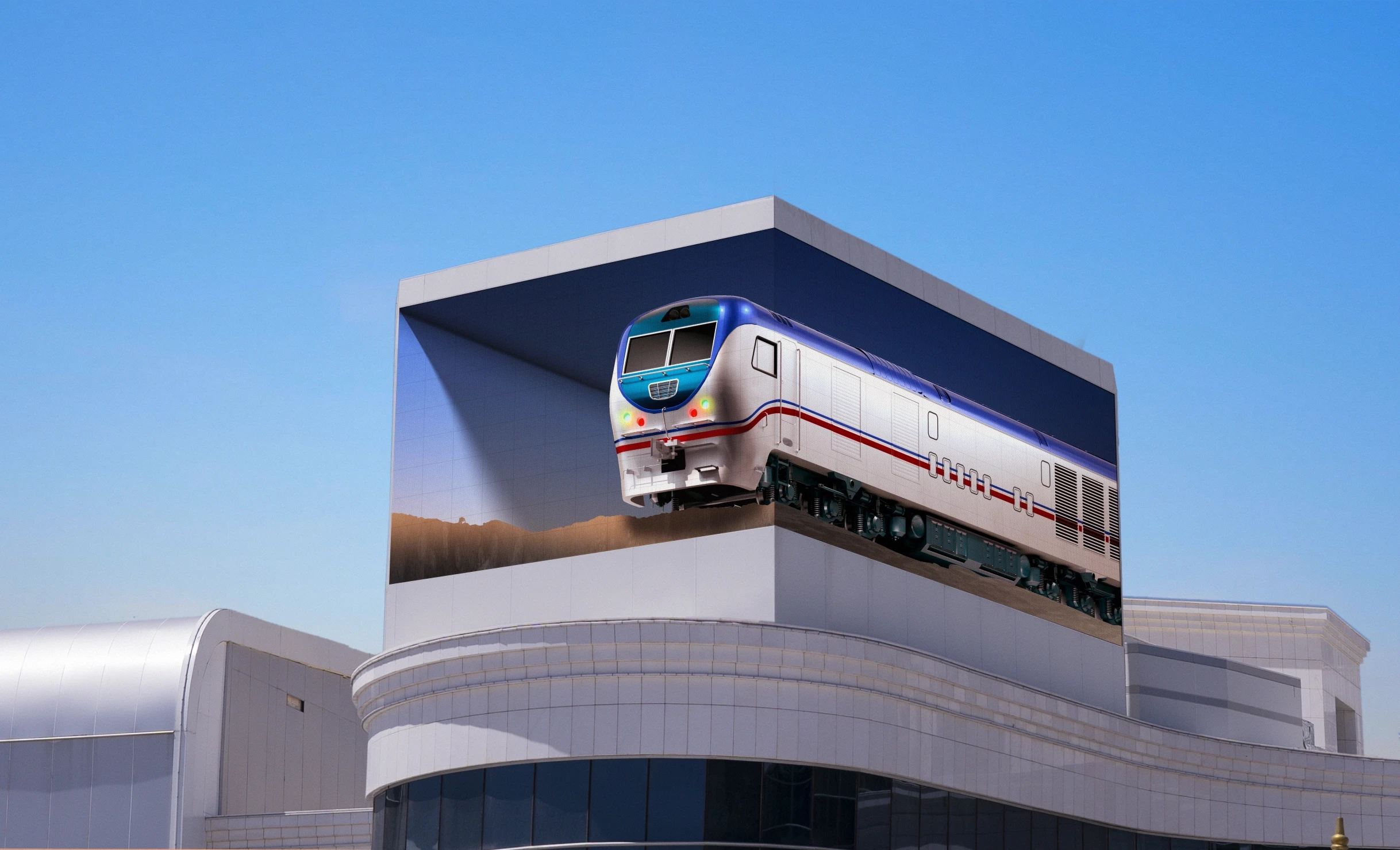 Exterior vista with brand identity presented on the rooftop LED landmark