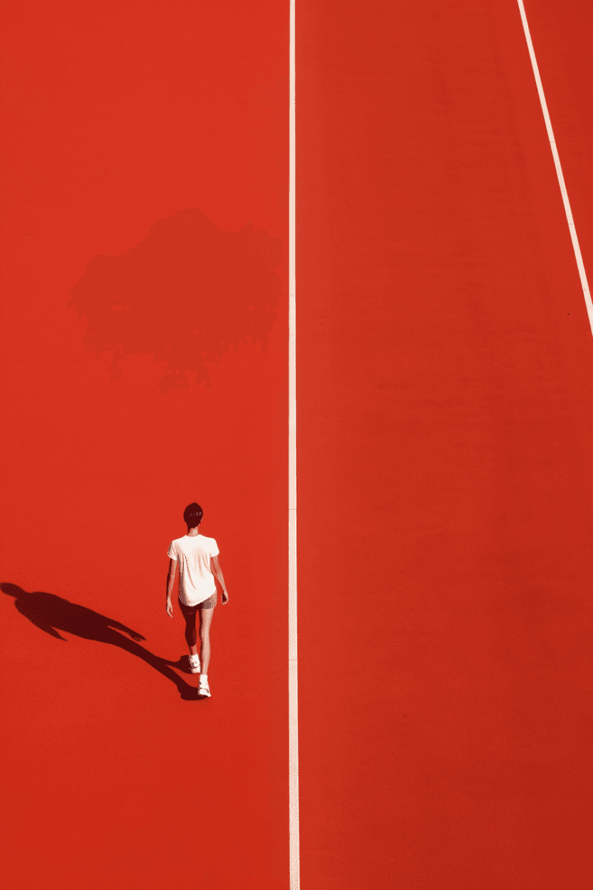 Woman walking along a race track