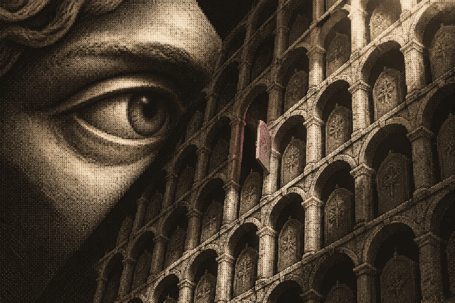 A marble eye looking through a wall of sealed stone niches, one of them slightly open