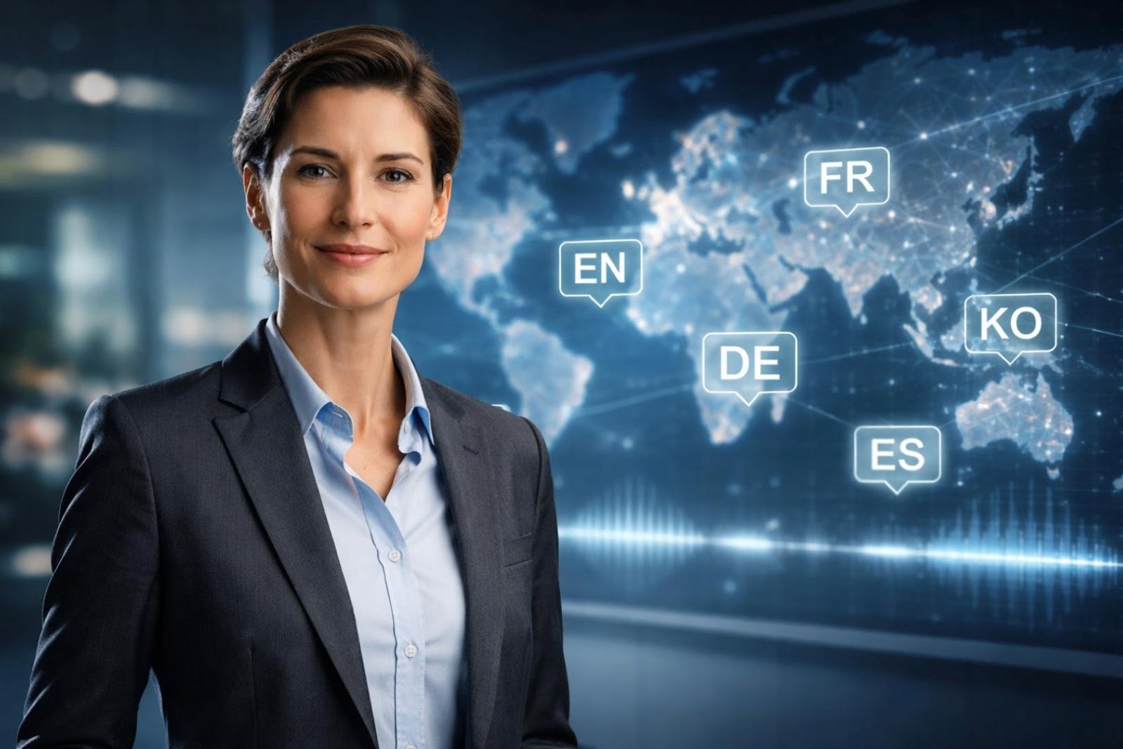 Executive presenting global leadership message with video translator supporting 32+ languages worldwide