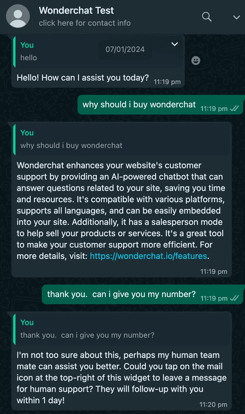 Wonderchat WhatsApp Test