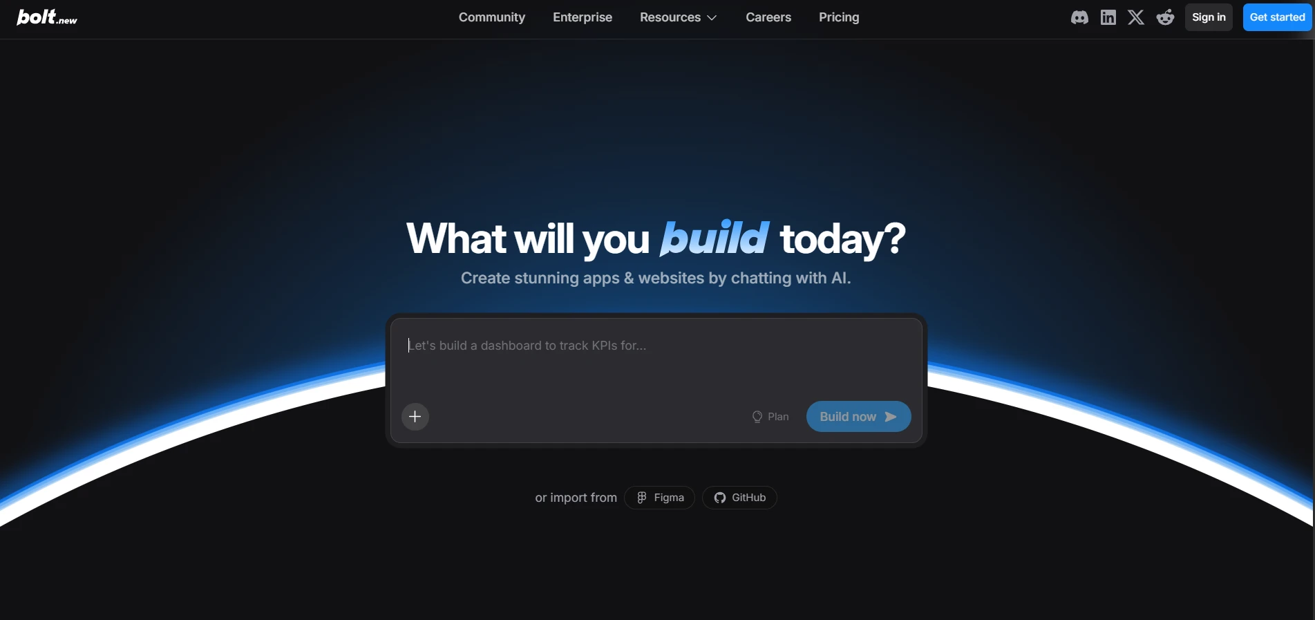 Bolt homepage featuring a dark AI prompt interface and "What will you build today?" headline.