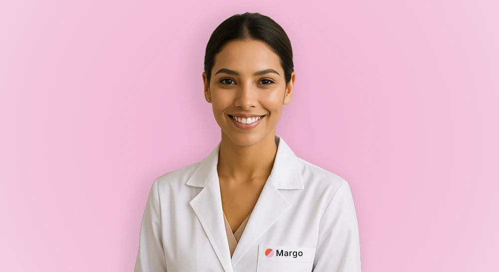 Portrait of Trially AI agent Margo in white coat against a pink background