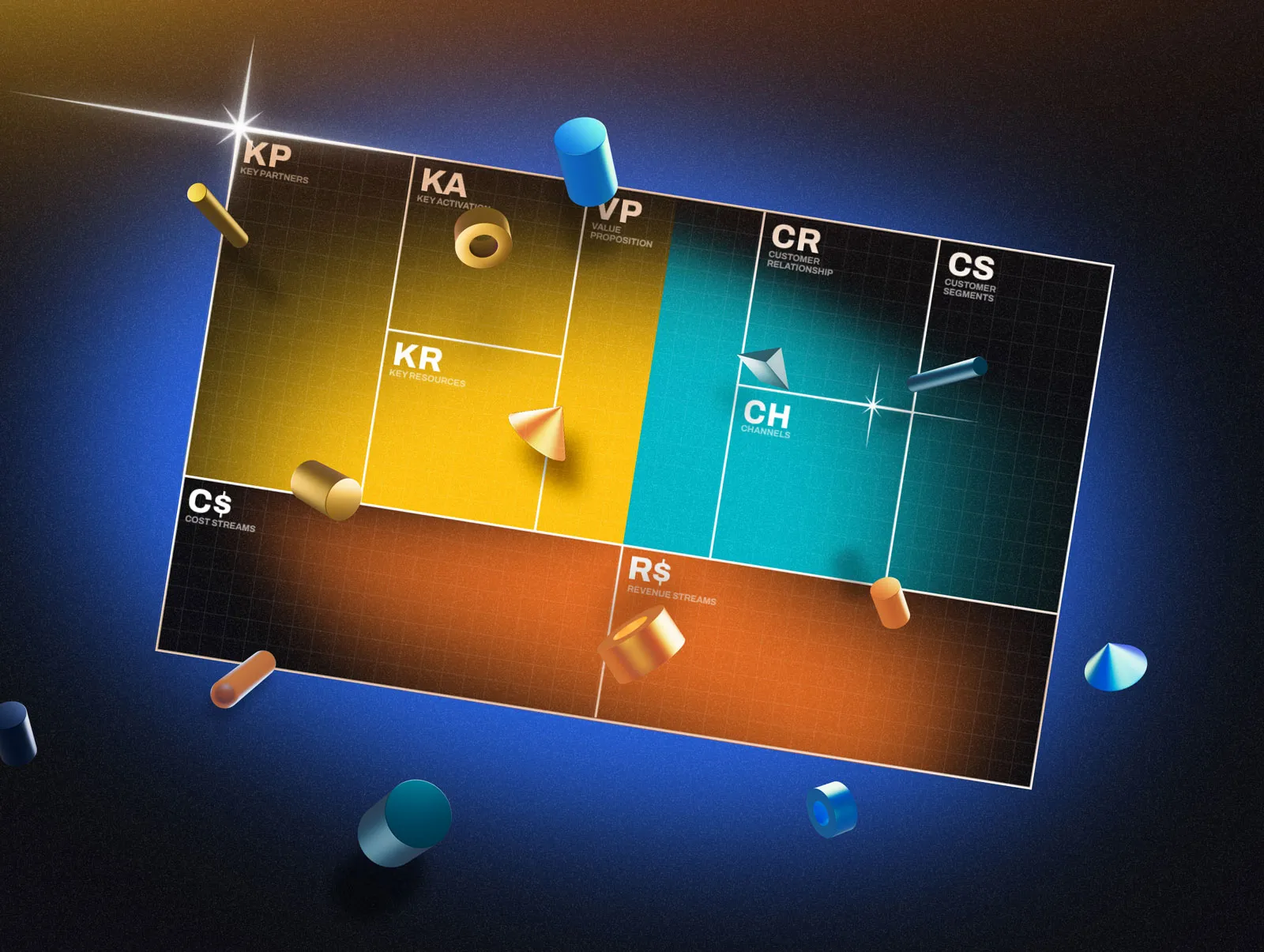 Abstract image featuring vibrant colored panels with stars and a gradient background.