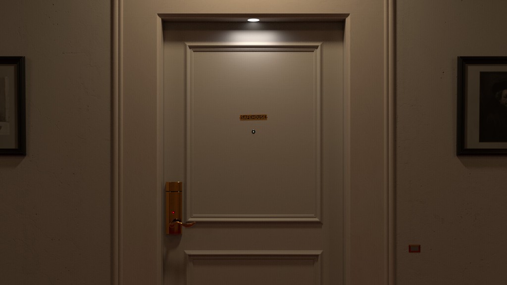 closed white painted door with exit signage