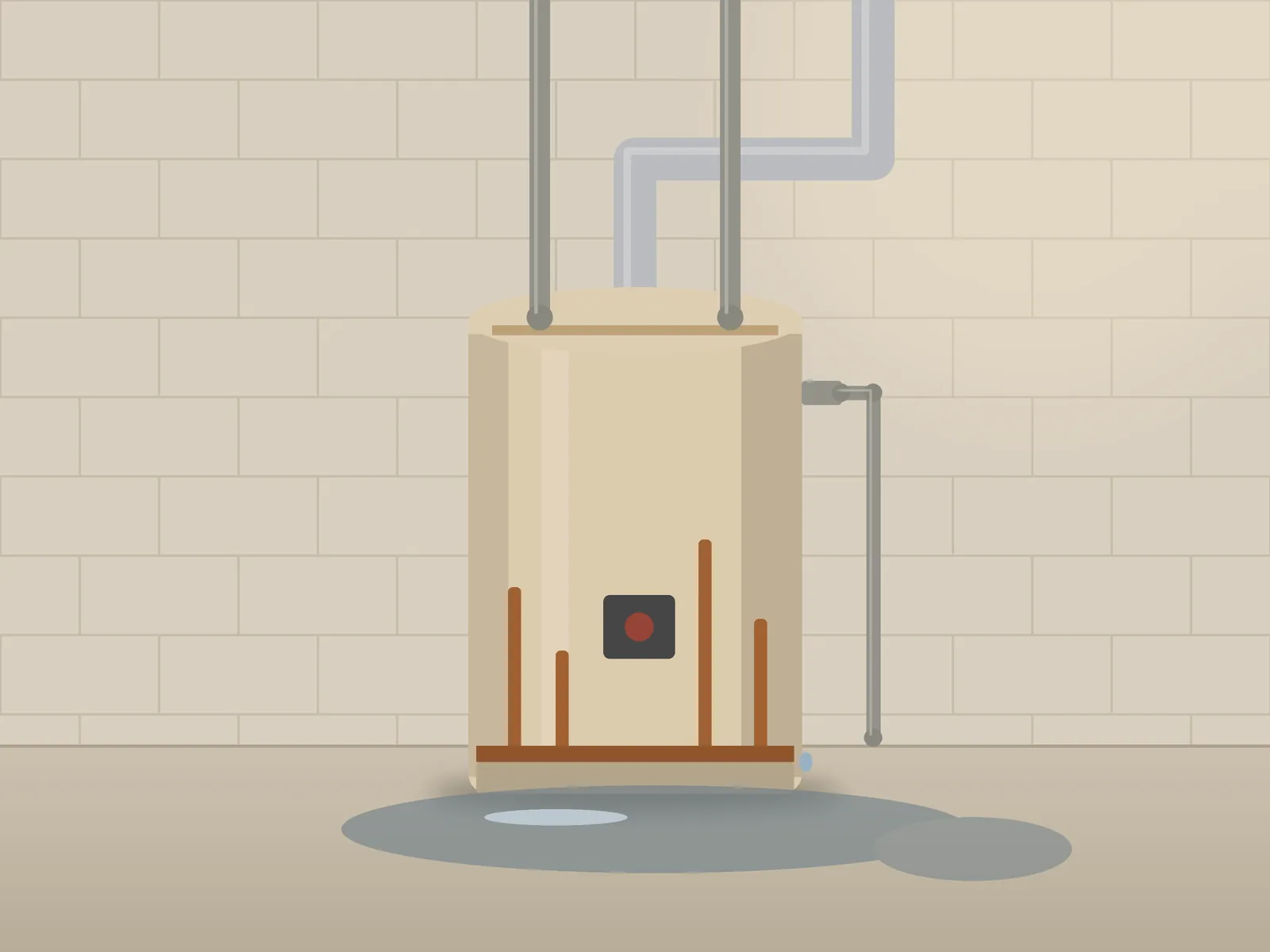 Old rusty water heater with a puddle at its base in a basement