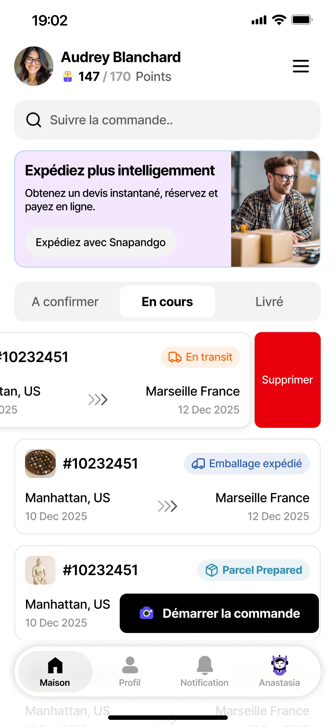homepage screen of snapandgo with orders