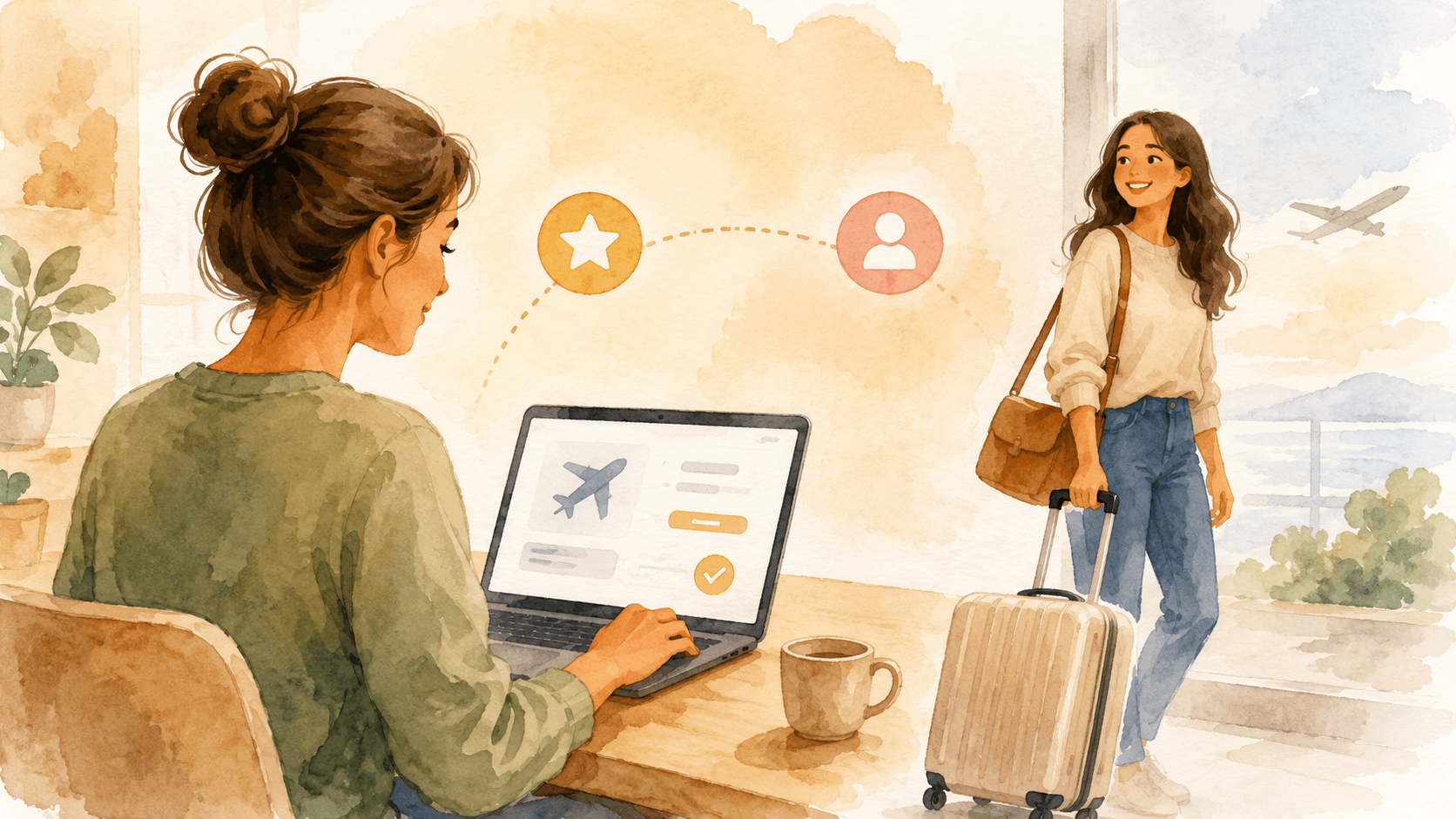 Ilustração em aquarela digital mostrando uma pessoa emitindo passagem para outra viajar, representando o uso de milhas para terceiros.