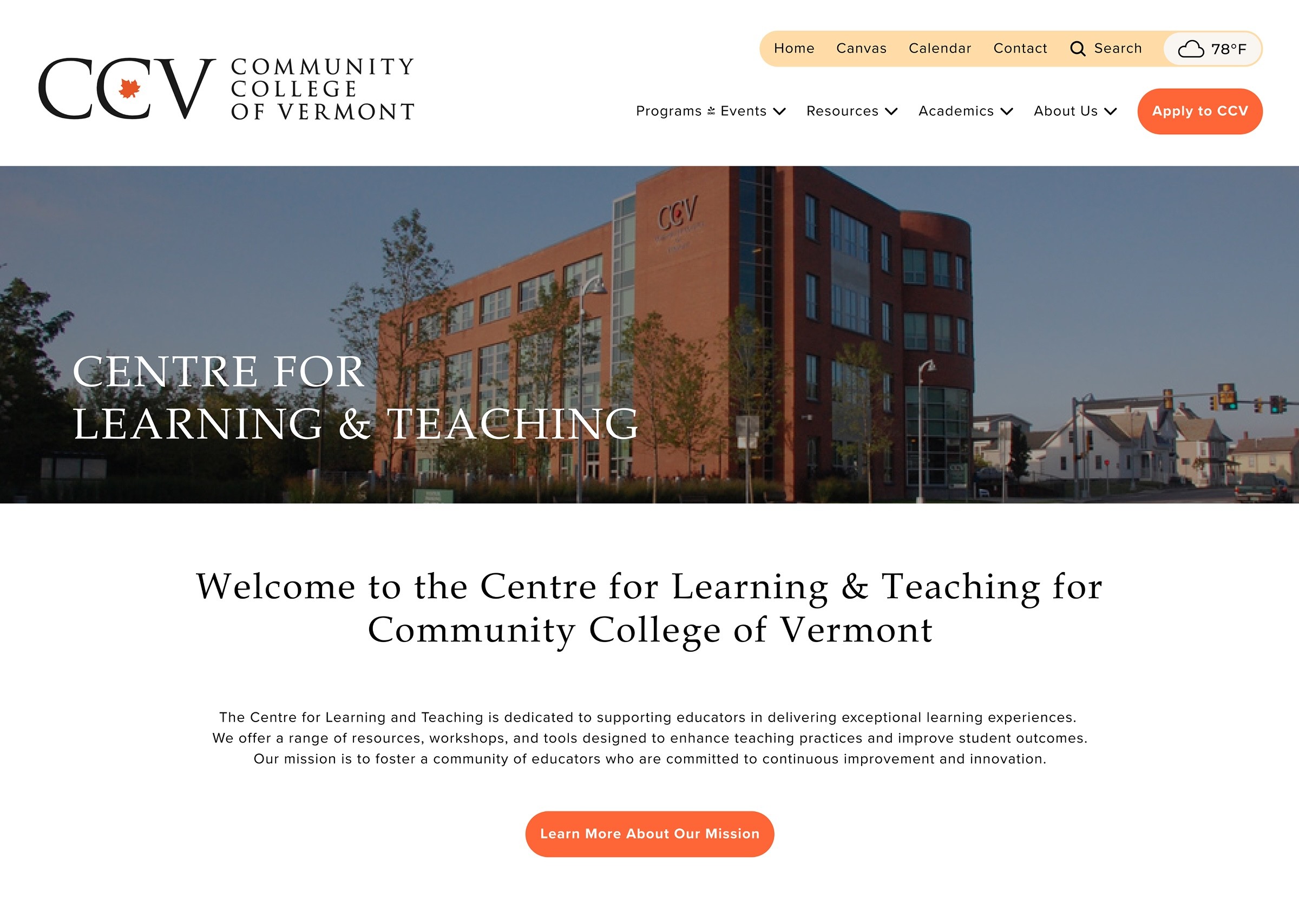 Hero section of CCV website