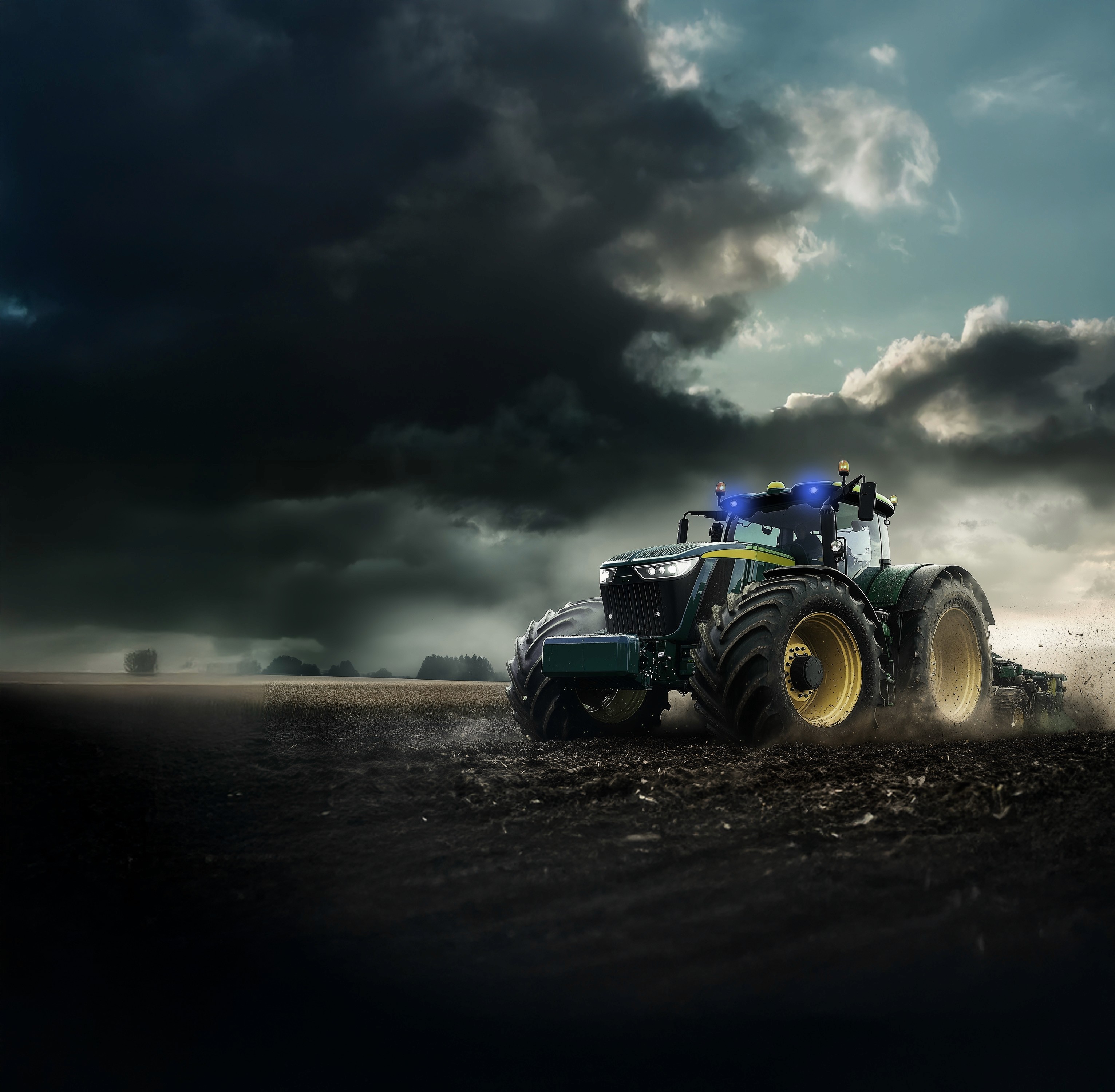 Tractor working in a field under stormy skies