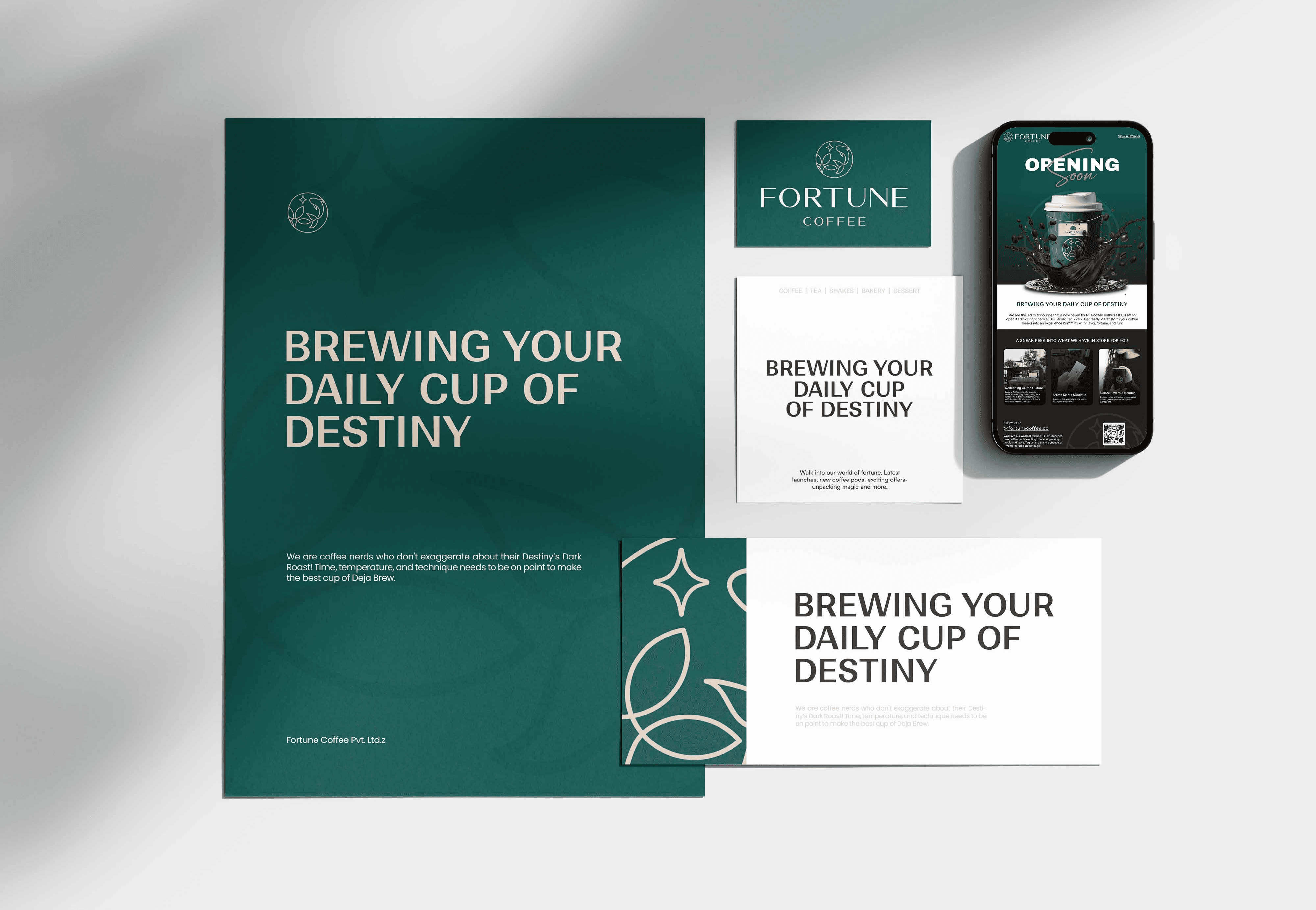 Image of "Fortune Coffee" branding with colorful text layout and the tagline "Brewing Your Daily Cup of Destiny"