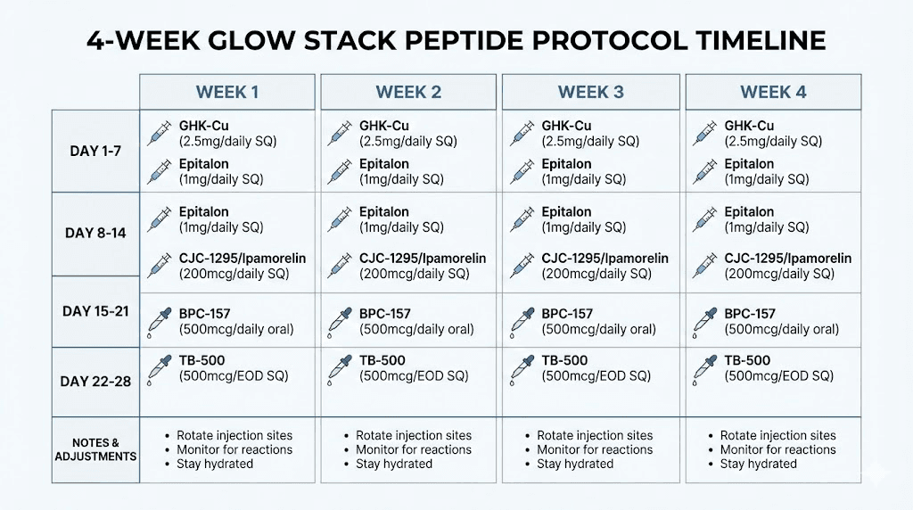 Glow stack peptide 4-week dosing protocol chart