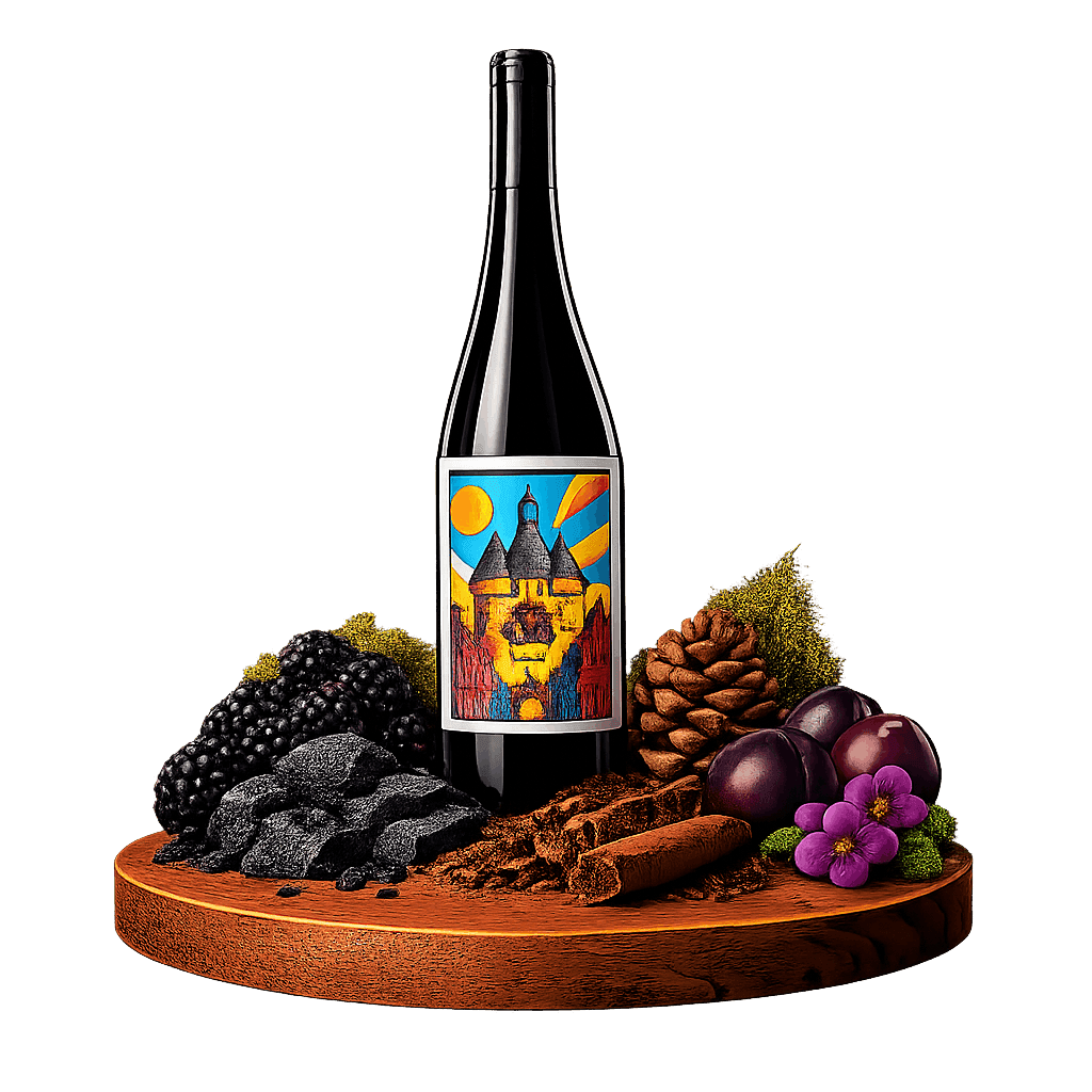 Artistic label and flavor profile for Bordeaux Red Blend on a rustic wooden table.