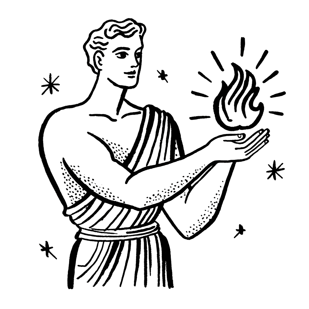  Illustration of a Greek-inspired figure holding a glowing flame, symbolizing curiosity, innovation, and the pursuit of truth — core values driving Tenkara’s approach to intelligent manufacturing.