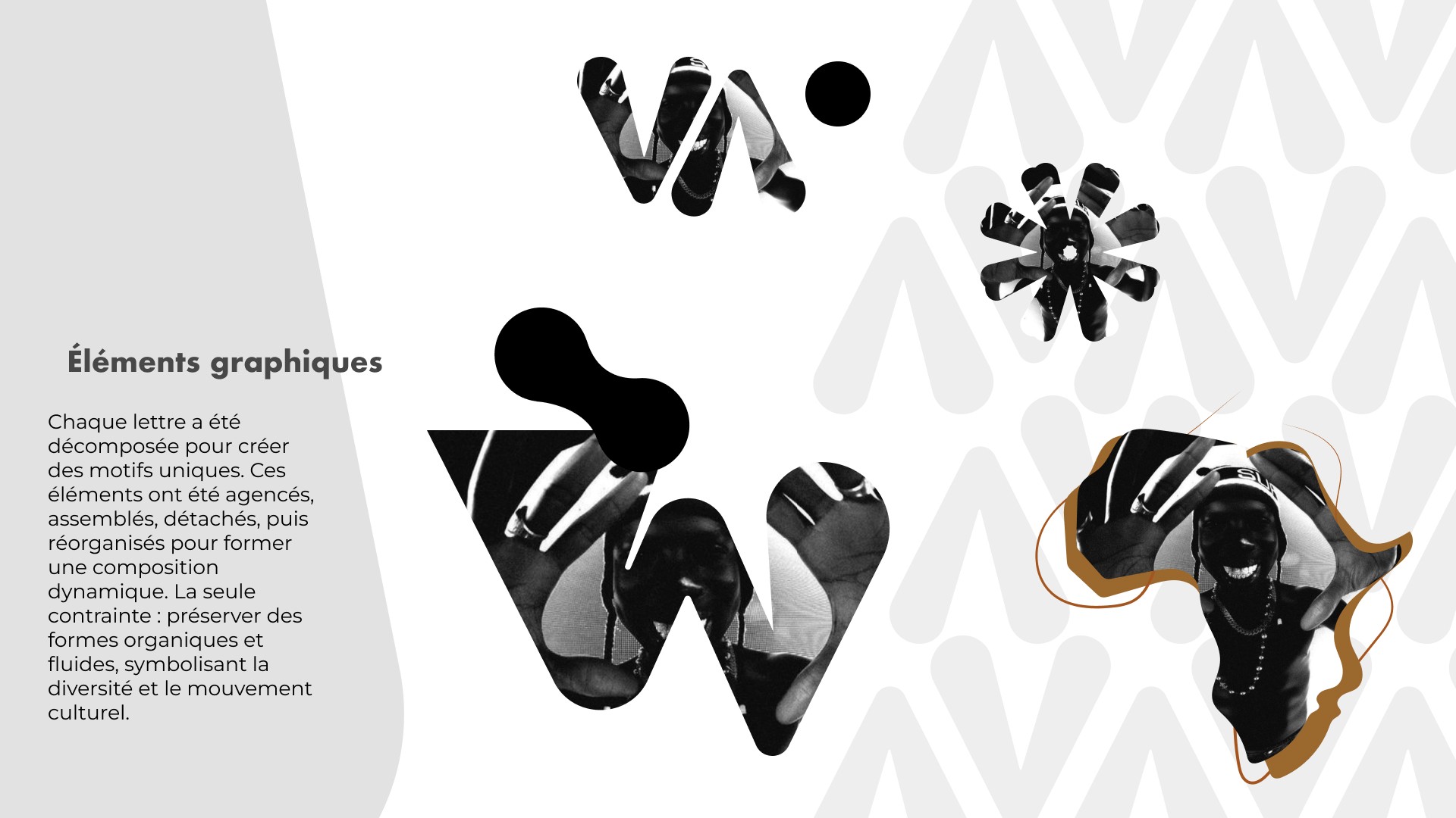 Elements graphique : Chaque lettre a été décomposée pour créer des motifs uniques. Ces éléments ont été agencés, assemblés, détachés, puis réorganisés pour former une composition dynamique. La seule contrainte : préserver des formes organiques et fluides, symbolisant la diversité et le mouvement culturel.
