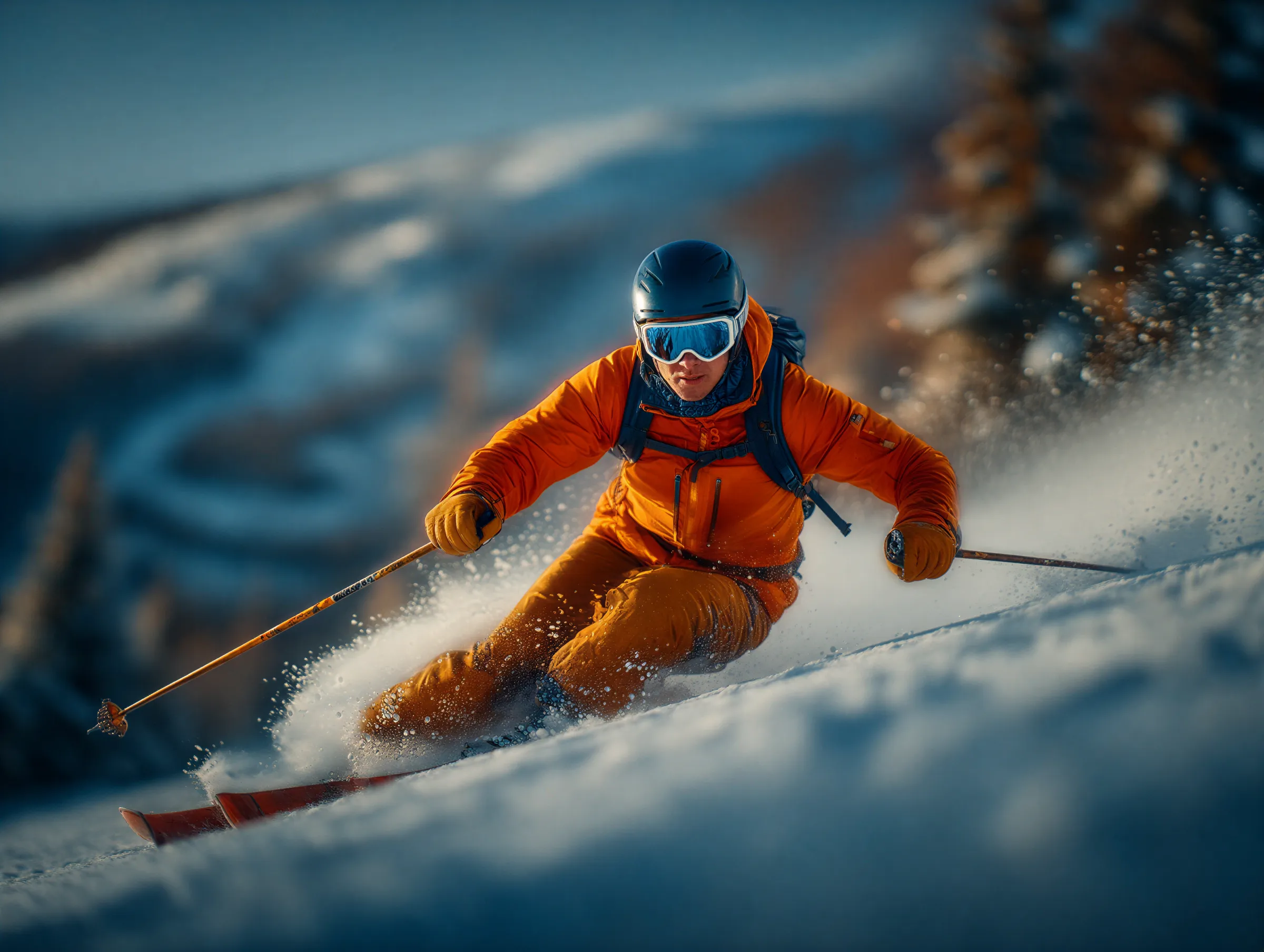 A skier in an orange jacket and helmet glides swiftly down a snowy slope, leaving a trail of powder against a backdrop of blurred evergreen trees, showcasing winter sports and alpine adventure.