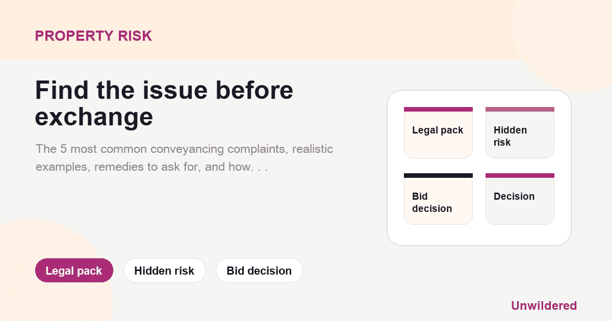 Explainer card for 5 Most Common Conveyancing Complaints And How To Challenge Them: Legal pack, Hidden risk, Bid decision.