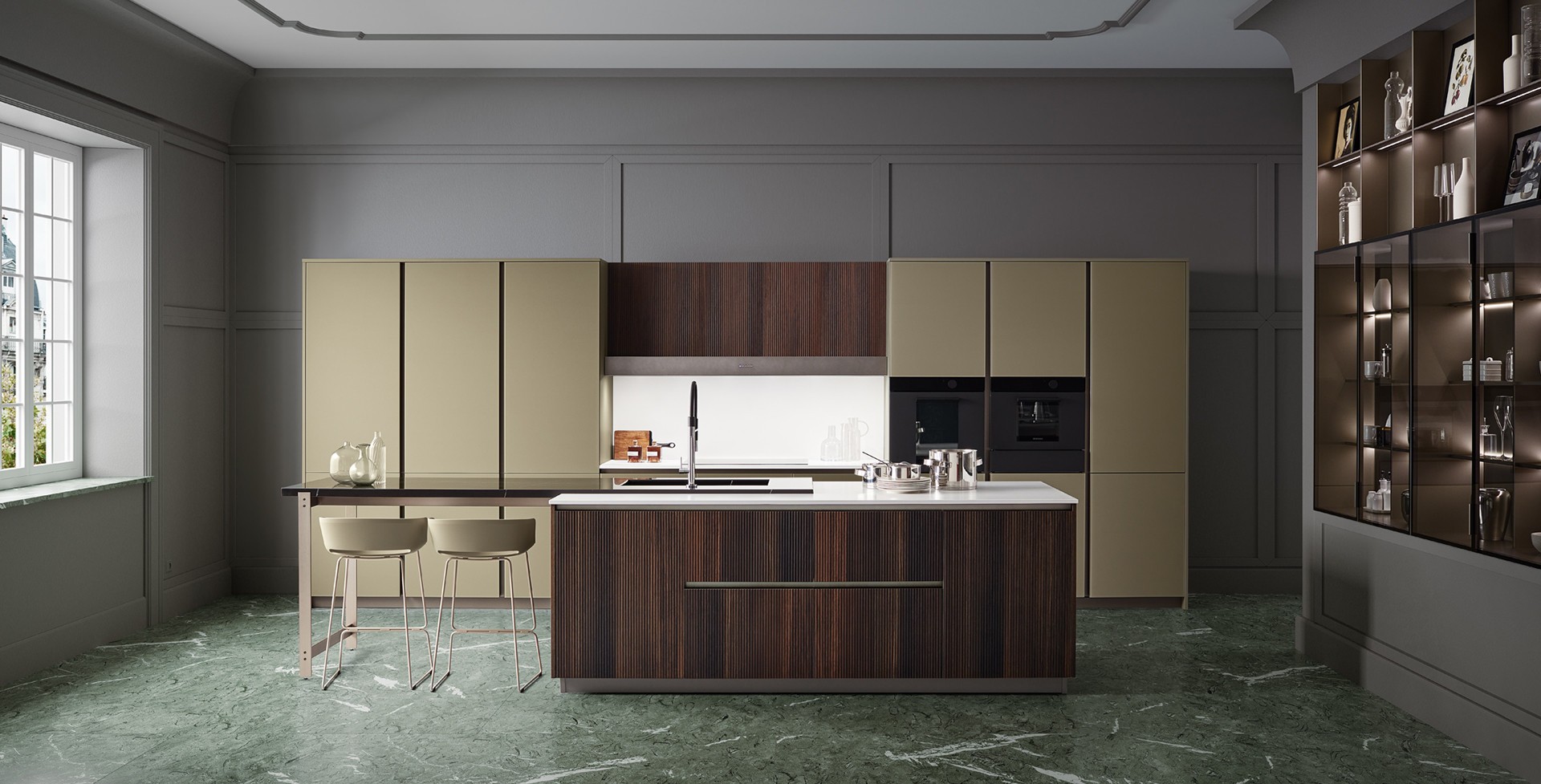 Lounge Shellsystem Canneté Rovere Scuro 892 / Vetro Opaco Verde Militare A33