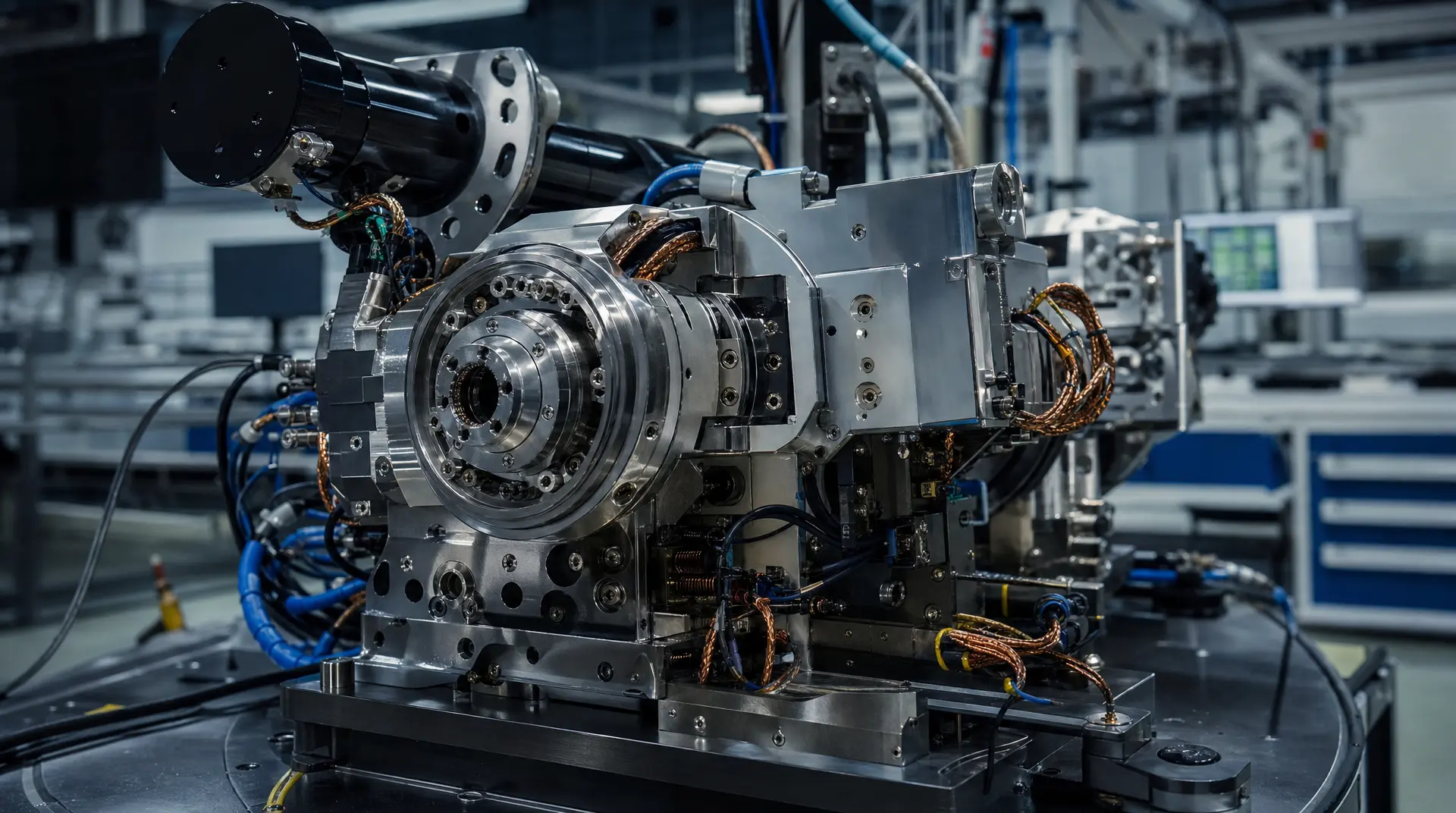 Close-up of a precision metal robotic assembly head with copper-wired components in a cleanroom, supporting robotics branding and semiconductor marketing.