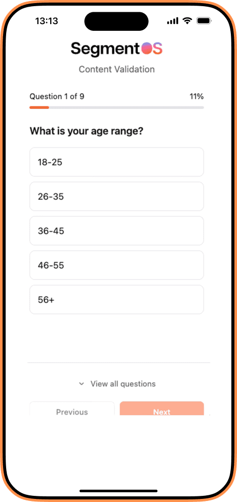 he SegmentOS application interface on a smartphone, showcasing its market research features like 'Brand Validation' and 'Idea Validation'.