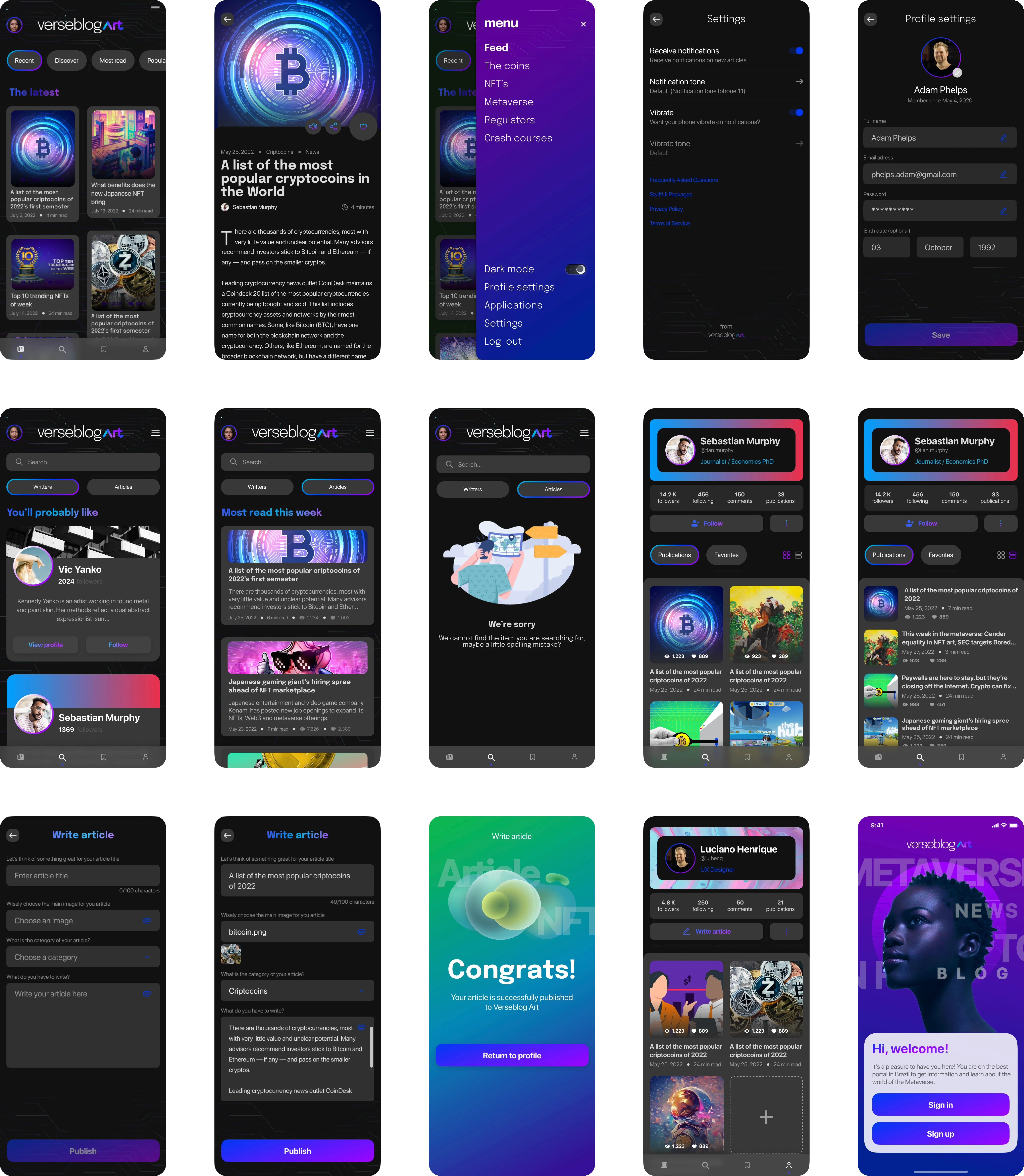 Interfaces em modo escuro do aplicativo Verseblog Art