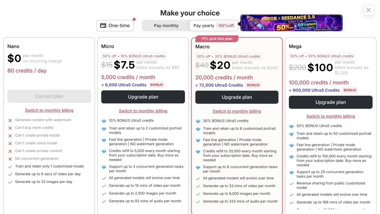 APOB subscription page showing the Nano offer and paid billing choices