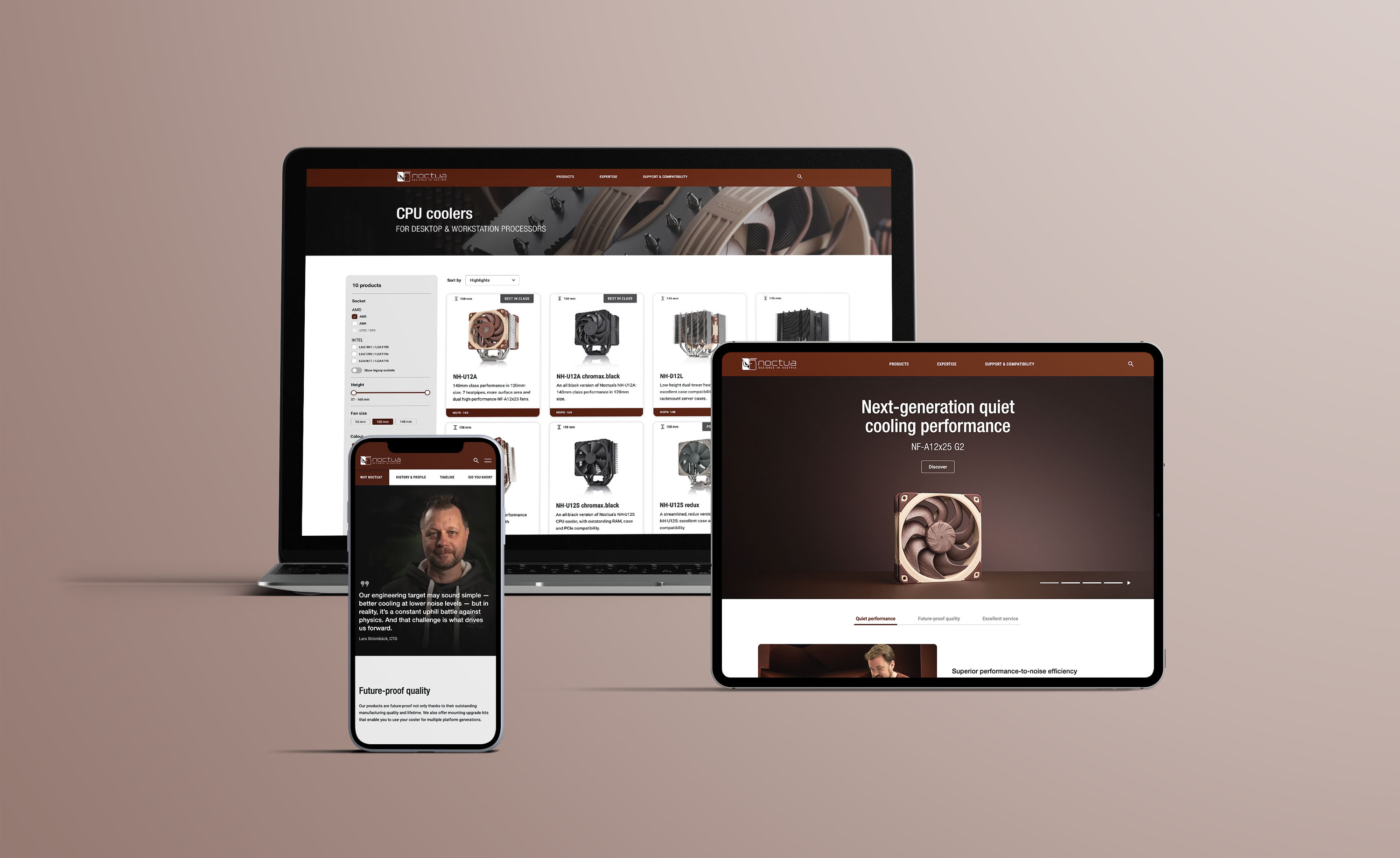 Responsive Webdesign von noctua.at mit Desktop-, Tablet- und Smartphone-Ansichten der Produktseiten