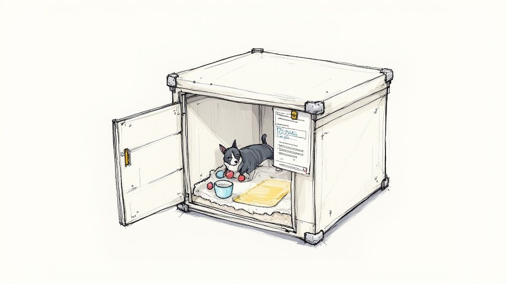 A happy dog sitting inside a large travel crate, looking comfortable and ready for a journey.