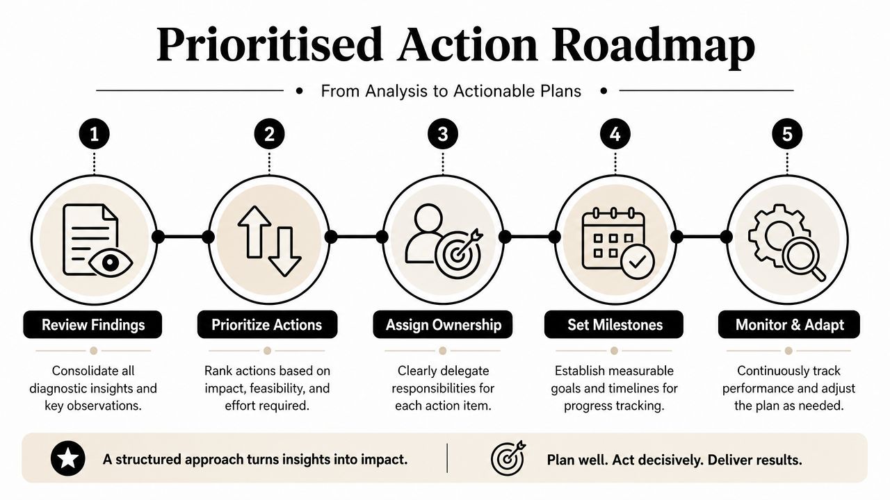 A five-step roadmap infographic illustrating a structured business process from reviewing findings to monitoring and adapting outcomes.