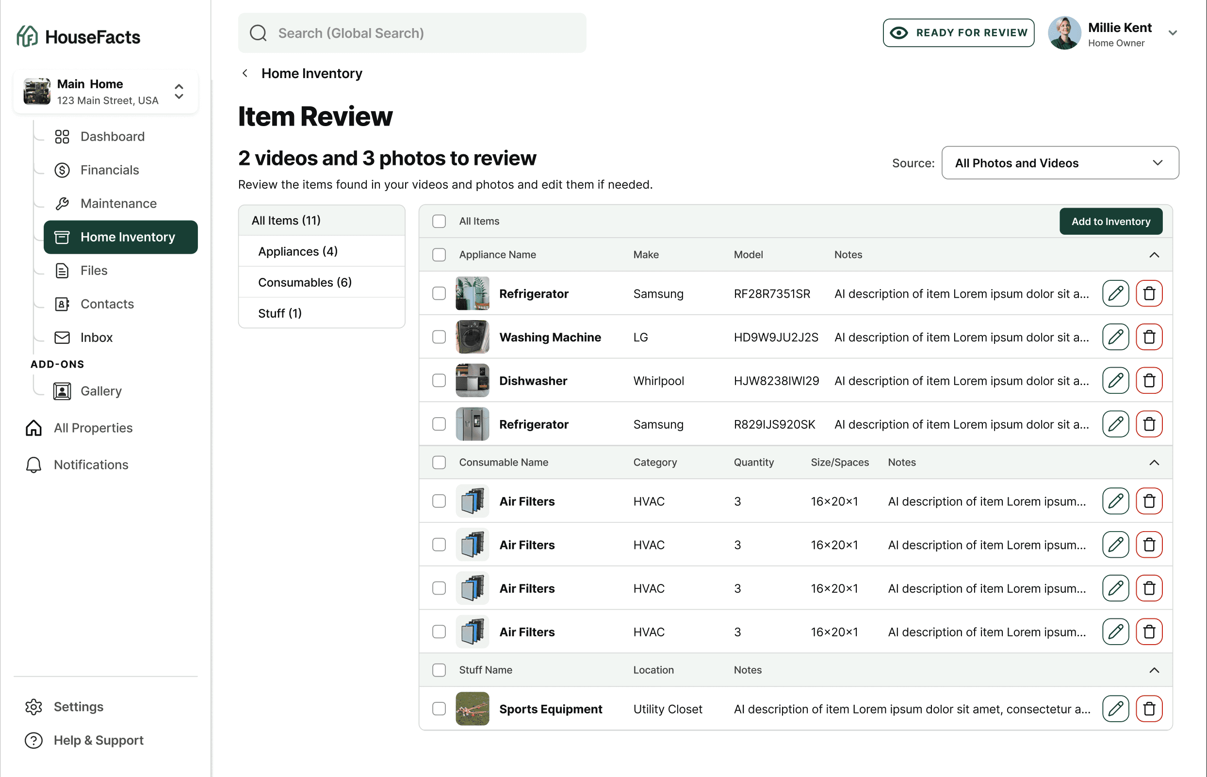 Page detailing all of the items pulled out from a video or photo of the user's home