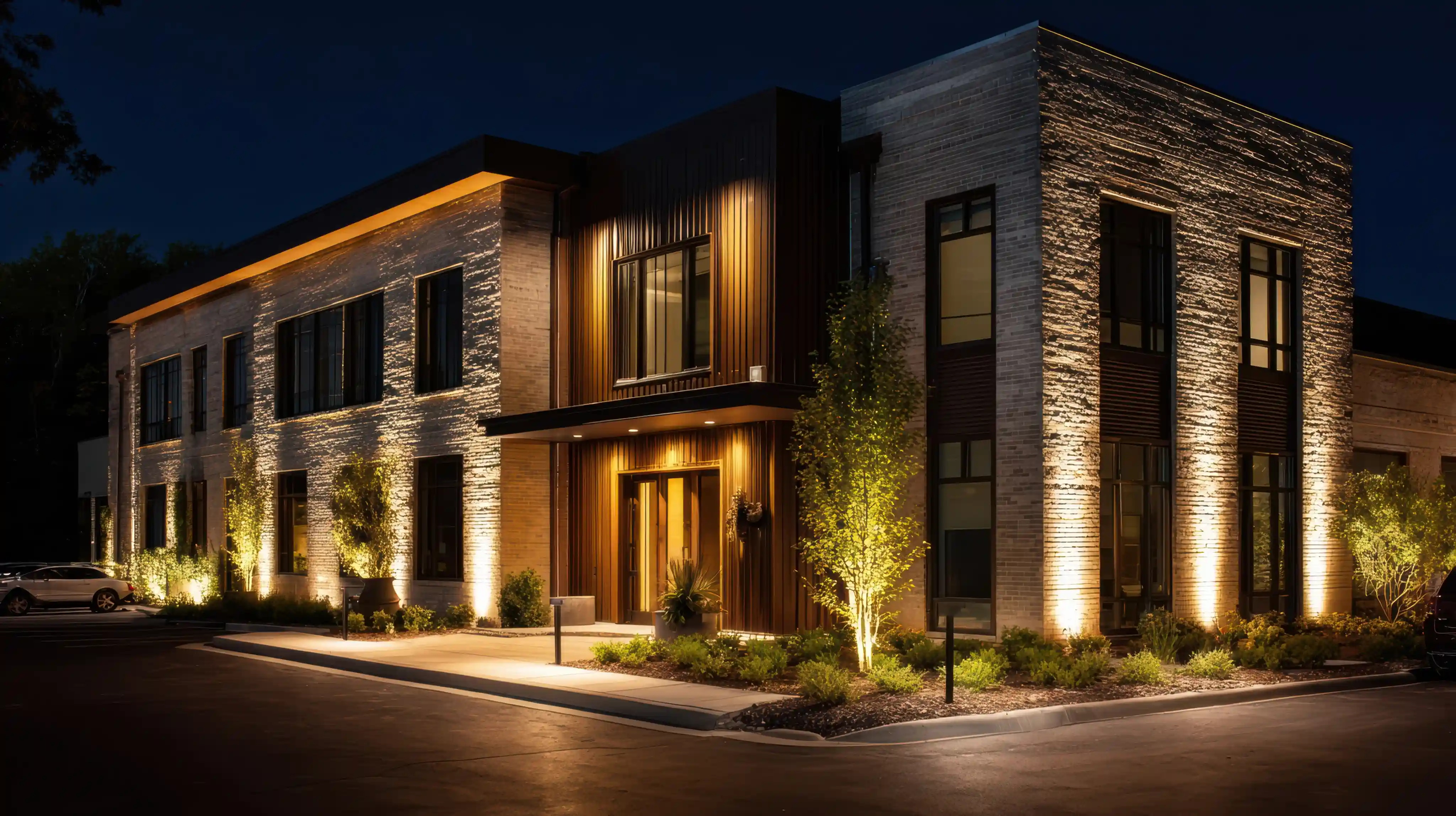 Exterior night view of a modern luxury mansion illuminated by dramatic architectural spotlighting.