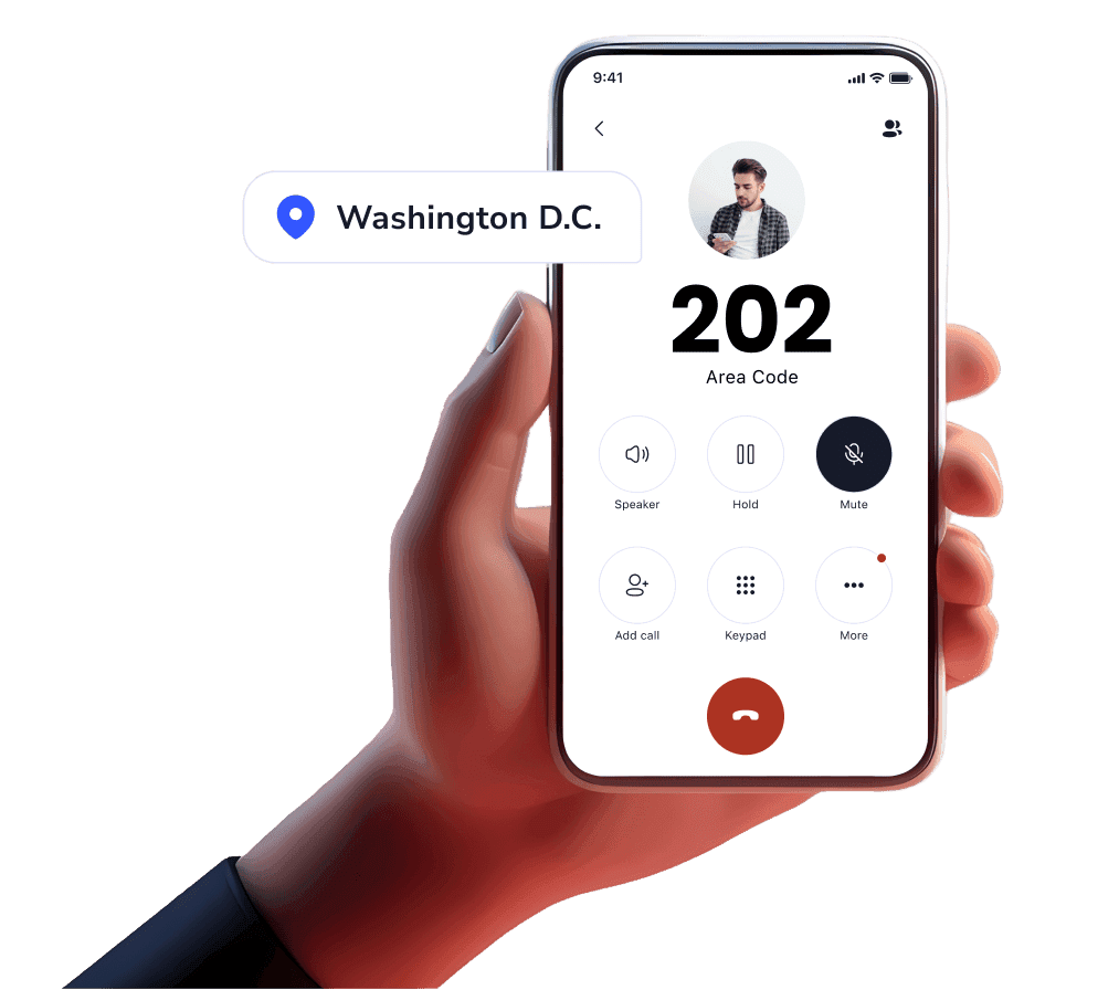 Hand holding mobile device with incoming call from 202 area code using LinkedPhone 2nd phone number mobile app