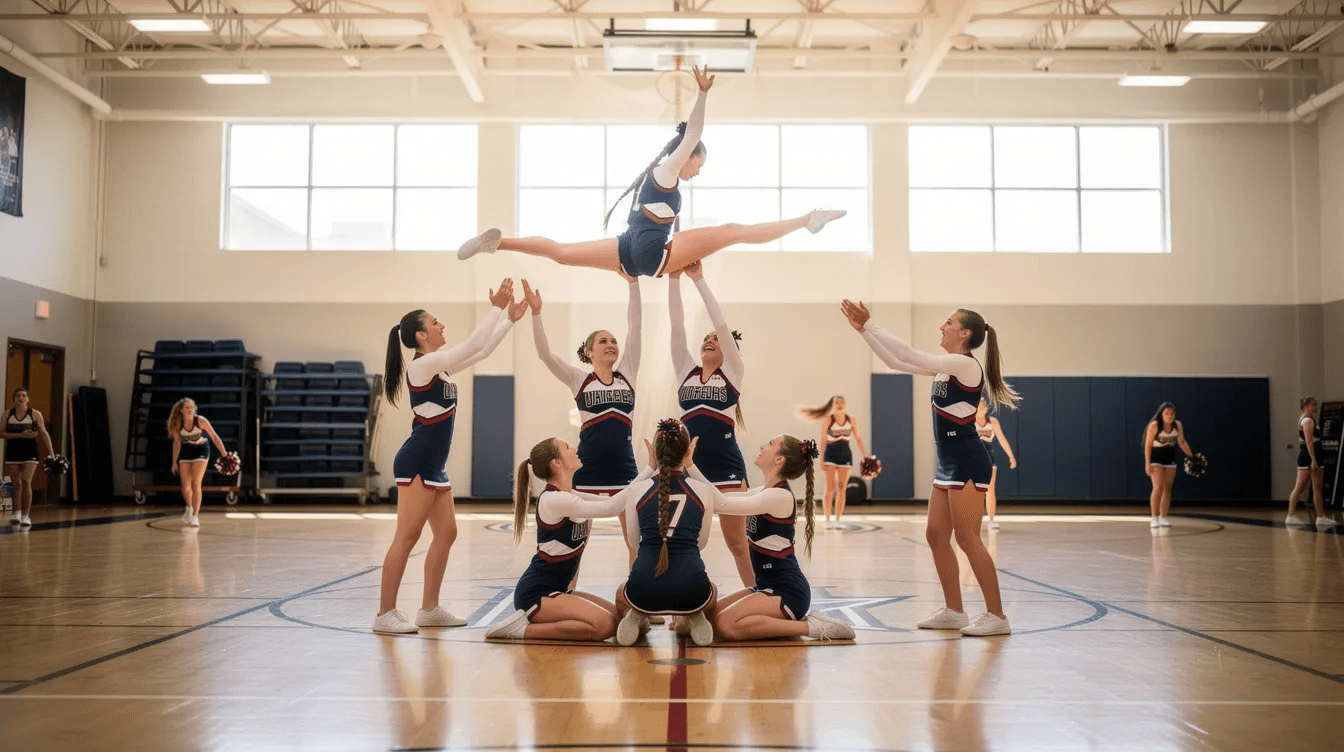 A cheerleading team is practicing stunts in a brightly lit gymnasium, showcasing teamwork and athletic skills as squad members execute their routines under the guidance of cheer coaches. The atmosphere is filled with energy and excitement, reflecting the dedication of the athletes and the support from their families.