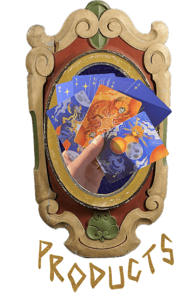 products portfolio section button, with image of an antique carrousel frame containing Sage's hand holding Celestial Wards Series themed playing cards, featuring celestially themed orange, blue, and yellow cards and illustrated diamond suit face cards