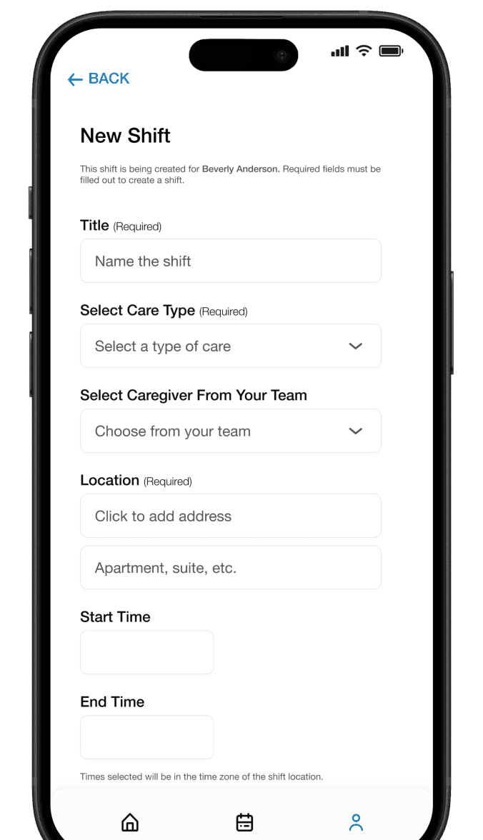 Scheduling form in mobile app.